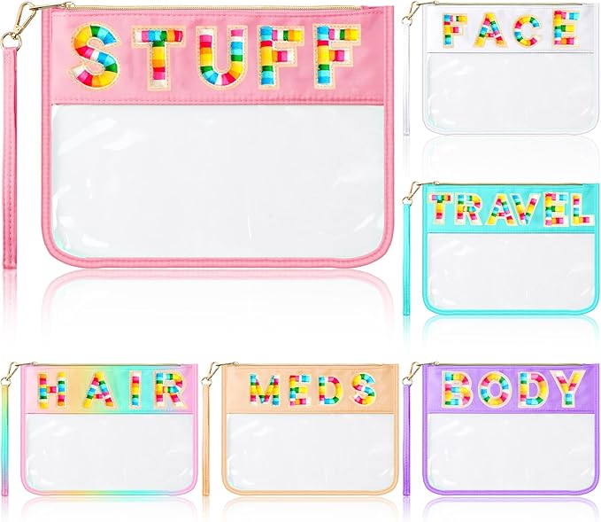 Abbylike 6 Pcs Chenille Letter Clear Zipper Pouch Summer Waterproof Cosmetic Pouch Travel Gym Beach Hawaii Bag Travel Patch Purse Makeup Letter Bag for Women Girls, 6 Colors(Light Colors,Classic)