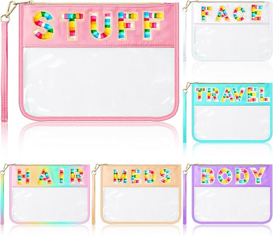 Abbylike 6 Pcs Chenille Letter Clear Zipper Pouch Summer Waterproof Cosmetic Pouch Travel Gym Beach Hawaii Bag Travel Patch Purse Makeup Letter Bag for Women Girls, 6 Colors(Light Colors,Classic)