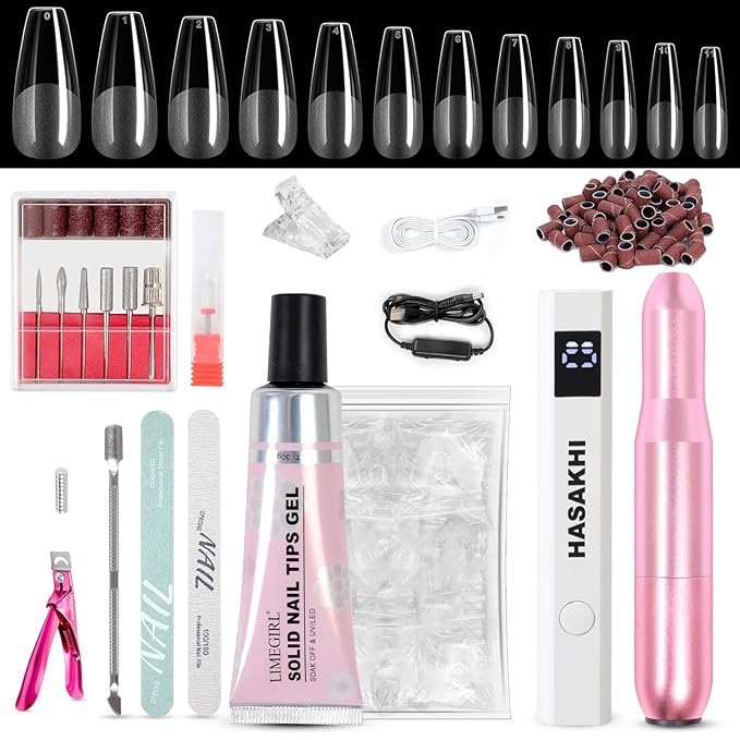 Gel X Nail Kit: All-in-1 Beginner Gel Nail Kit with Nail Drill Handheld UV Light 30g Solid Nail Glue Gel 504PCS Nail Tips Acrylic Nail Kit Home Salon DIY Nail Art Gel Kit Manicure Gift (Long Coffin)