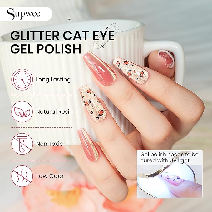 Cat Eye Gel Nail Polish Set,12 Colors Gold Glitter Holographic CatEye Gel Polish with Magnetic Stick,Sliver Brown Pink Red Cat Eye Soak Off UV DIY Home Salon Manicure