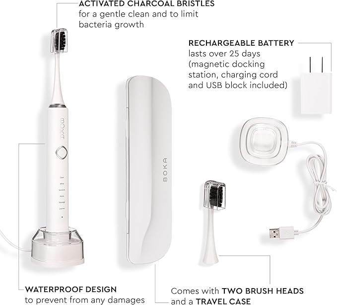 Boka 3.0 Electric Toothbrush for Adults w/ 2 Heads - Rechargeable Sonic Powered Tooth Brush - Charcoal Activated Bristles for Deep Cleaning - Dentist Recommended Oral Care - Charging Base w/Micro USB
