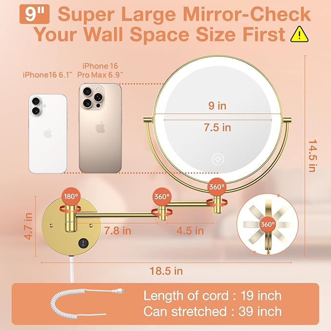 Benbilry 9" Large Size Wall Mounted Lighted Makeup Vanity Mirror, 1X/10X Magnifying Double-Sided AC Powered Bathroom Mirror with 3 Color Lights, Touch Dimmable, Extended Arm 360 Rotation, Gold