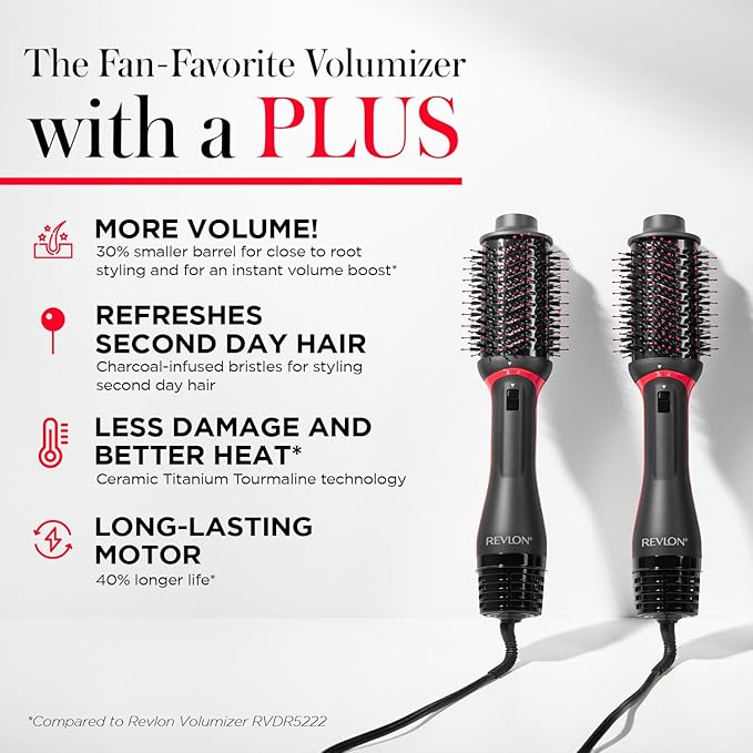 REVLON One-Step Volumizer Plus Hair Dryer and Styler, Enhanced Motor for Less Frizz, More Shine, and Reduced Heat Damage for Salon Style Round Brush for Blowout, Black (Amazon Exclusive)