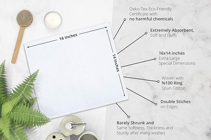 RosenSoft Oversized Wash Clothes-16x14 in Extra Large Wash Cloths for Body and Face, Hand Gym Spa- Fingertip Towels for Bathroom, Bath Towel Set (White, 6)