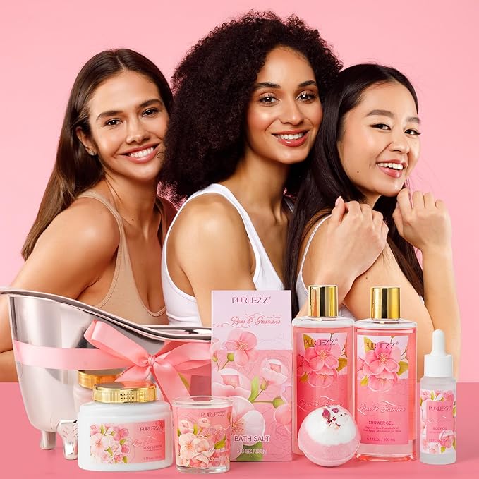Rose & Jasmine Floral Luxury Bath & Body Gifts - Spa Basket with Body Lotion, Soy Candle - Home Bath Gift Set for Women
