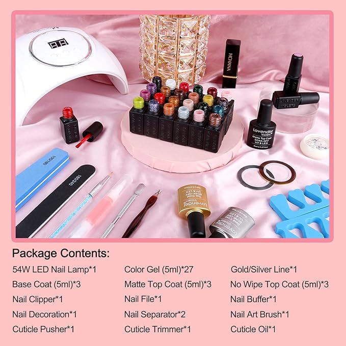 LAVENDR VIOLETS 48pcs Gel Nail Polish Starter Kit with U V Light, Nail Wraps,54W LED Nail Dryer 27 Colors Red Pink Purple Soak Off No Wipe Base and Glossy Matte Top Coat Nail Gel Kit Q979