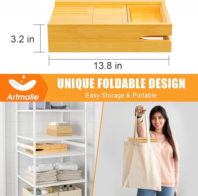 Artmalle Foldable Bathtub Tray for Tub, Bamboo Bathtub Caddy Tray Table with Book Stand for Luxury Bath, Bathroom Accessories for Women Men with Free Soap Dish (Semi-Simple, Natural) (Natural)