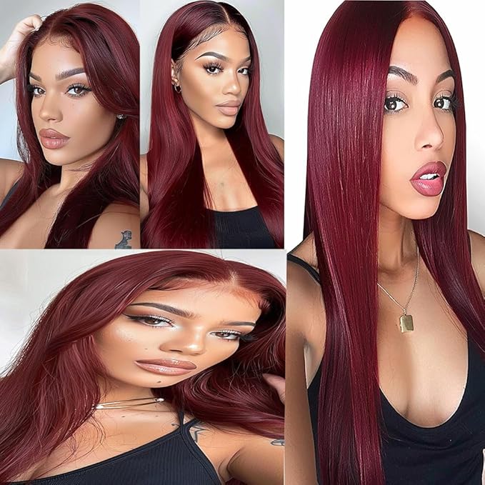 Color 99j Straight Bundles Human Hair Burgundy Straight Bundles Wine Red Brazilian Human Hair Weave Extensions Soft and Silky for Black Women 20 22 24 Inch