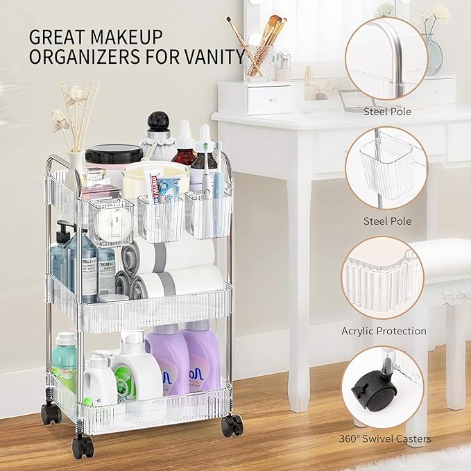 3 Tier Rolling Cart with Hanging Basket, Easy Assembly Acrylic Storage Carts with Lockable Wheels, Utility Cart Storage Organizer Serving for Office, Living Room, Kitchen, Bathroom