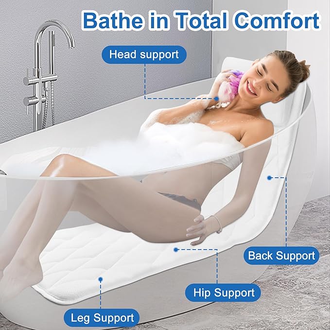 Full Body Bath Pillow for Bathtub, Thick Bath Pillow for Tub with Non-Slip Suction Cups, Bathtub Cushion with Pillow, Luxury Tub Pillow for Bath, Headrest Neck and Back Support, 5D Air Mesh