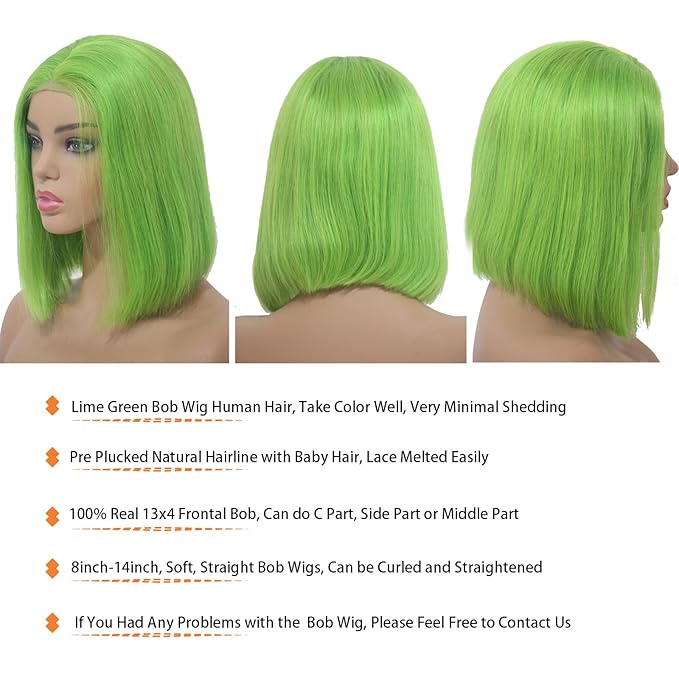 8 Inch Bob Wig Human Hair 13x4 HD Transparent Human Hair Lace Front Wigs Pre Plucked Light Green Short Wigs for Women 180% Density Straight Lime Green Bob Lace Wig with Natural Hairline