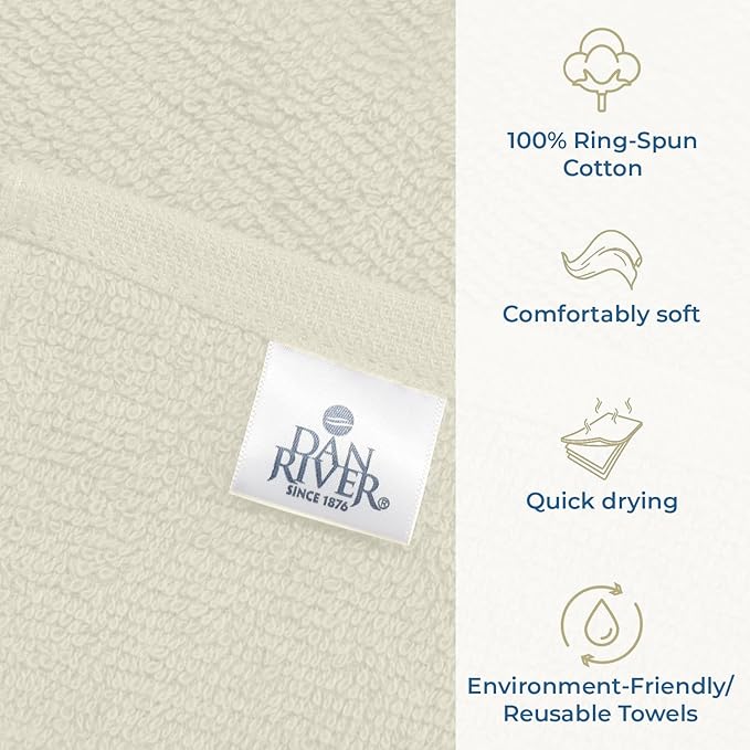 DAN RIVER 100% Cotton Washcloths 24 Pack Premium Quality Face and Body Cloth, Quick Dry Essential Towels for Bathroom, Hand, Kitchen & Cleaning, Baby Washcloths | 12X12 in | 400 GSM | Ivory