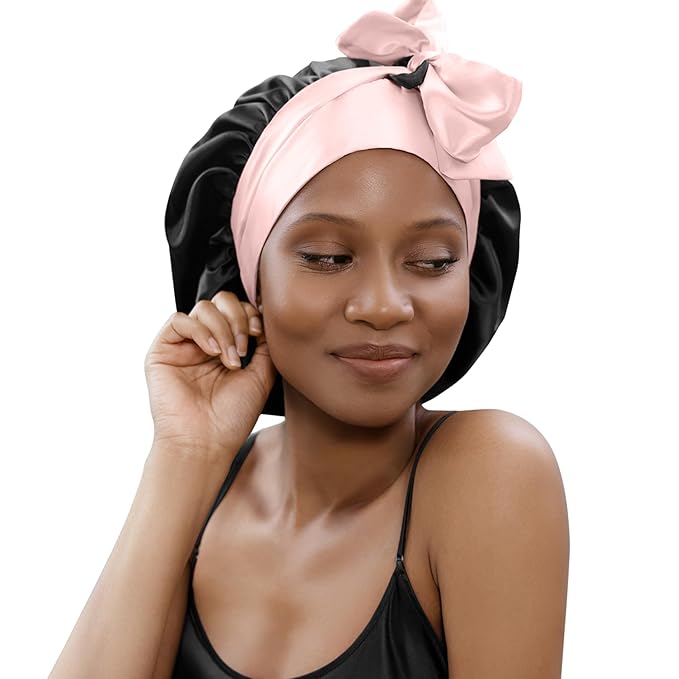 100% Mulberry Silk Bonnet for Sleeping Women with Curly Hair - Short Long Hair Bonnet for Sleeping - Alternative to Double Layer Satin Bonnet with Tie Band - Premium Wrap for Sleep Black