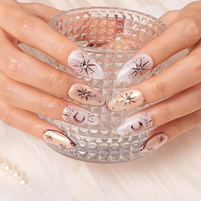Press on Nails Gilded Sunset | Handmade with Full Covered Crystals | Reusable Fake Nails | Almond Regular 1.0 in | H298-M