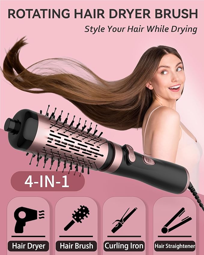 ANWA Rotating Hair Dryer Brush, 4-in-1 Hot Air Styler and Rotating Brush, Rotating Blow Dryer Brush with 2 Detachable Brushes(1.5"& 2"), Black