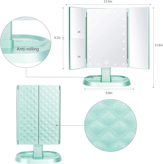 deweisn Trifold Lighted Vanity Makeup Mirror with 21 LED Lights,1x/2x/3x Magnification Touch Screen Dimming,Two Power Supplies Makeup Mirror, Gift for Women