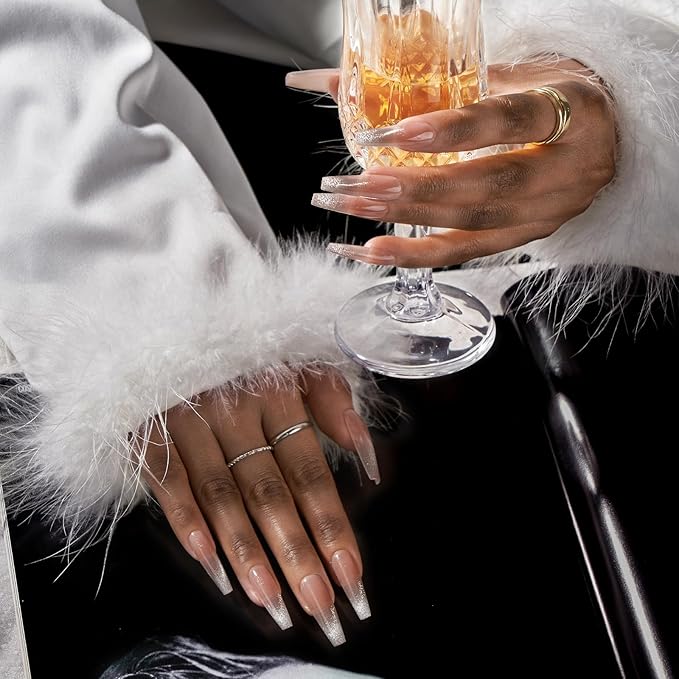 BTArtboxnails XCOATTIPS Long Coffin French Tip Cat Eye Press On Nails with Builder Gel and Mini Nail Lamp Set