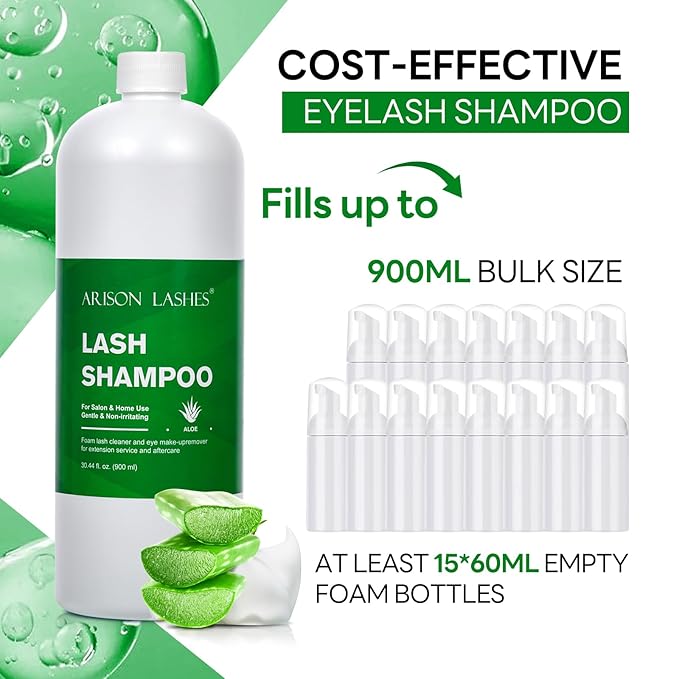ARISON LASHES Lash Shampoo Large Bottle Eyelash Cleanser 900ML, Professional Lash Shampoo for Lash Extensions Premium Eyelid Foaming Cleanser for Salon and Home Use（aloe）