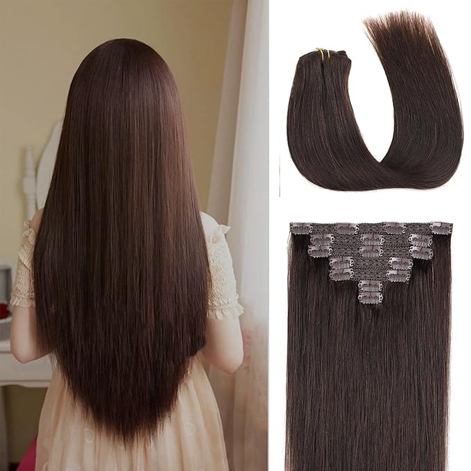 Clip In Human Hair Extensions,70g 7pcs Double Weft Silky Straight Dark Brown Real Human Hair Clip Ins 14inch 100% Human Hair Clip In Extensions