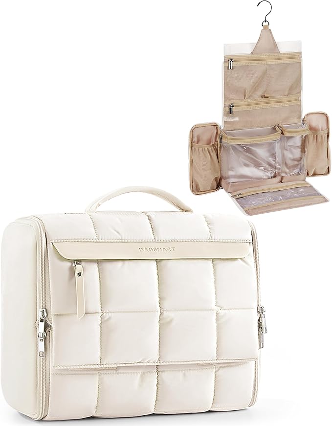 BAGSMART Travel Toiletry Bag, Extra Large Full-open Hanging Toiletry Bag for Women, Puffy Cosmetic Makeup Bag Organizer with Handle for Accessories, Essentials, Toiletries (Beige 13''L)
