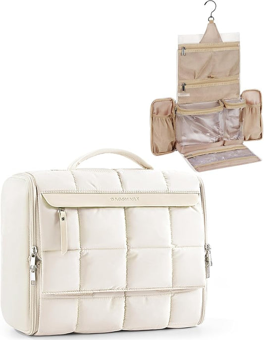 BAGSMART Travel Toiletry Bag, Extra Large Full-open Hanging Toiletry Bag for Women, Puffy Cosmetic Makeup Bag Organizer with Handle for Accessories, Essentials, Toiletries (Beige 13''L)