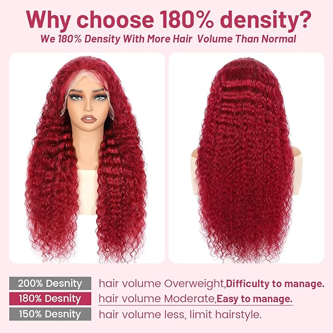 28 Inch 99j Burgundy Deep Wave Lace Front Wigs Human Hair 180% Density 13x4 Lace Front Wigs Human Hair Pre Plucked Wine Red Curly Wet Wavy Wig Human Hair Glueless HD Full Lace Frontal Wigs For Women