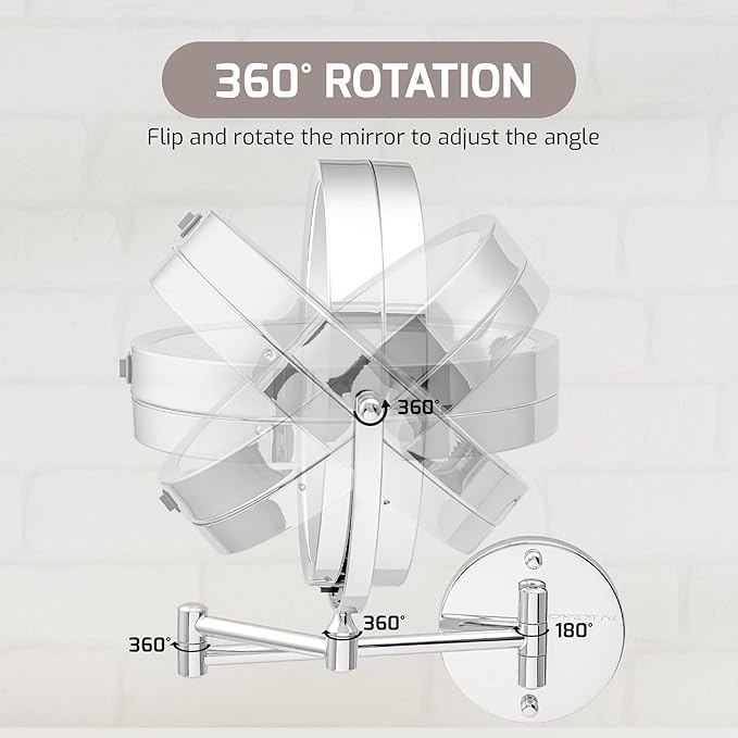 OVENTE 9" Lighted Wall Mount Makeup Mirror with 1X/10X Magnification, Cordless Double Sided Magnifying Round Vanity Mirror, 360° Swivel Design, Extendable and Folding Arm, Polished Chrome MFW85CH1X10X