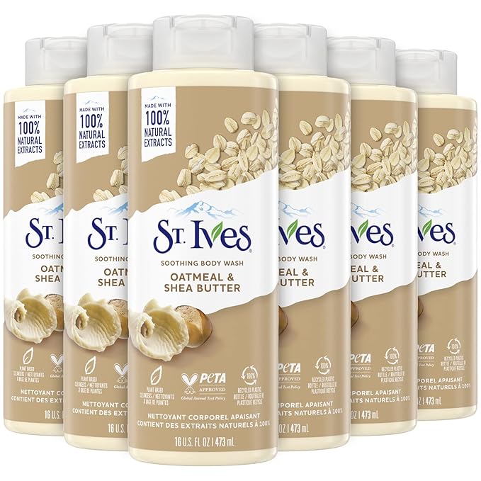 St. Ives Body Wash - Soothing Moisturizing Cleanser with Oatmeal & Shea Butter, Made with Plant-Based Cleansers and 100% Natural Extracts, 16 Oz Ea (Pack of 6)