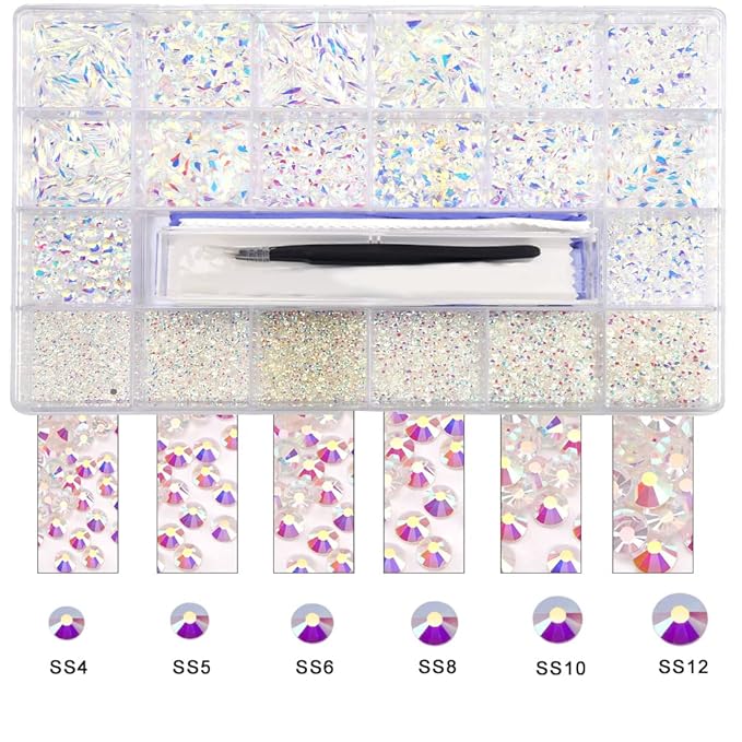 10000 Pcs Transparent AB Crystal Flatback Rhinestones Set for Nail, Art, Crafts, Makeup, Tumblers Glitter Round with Tweezers and Picking Pen