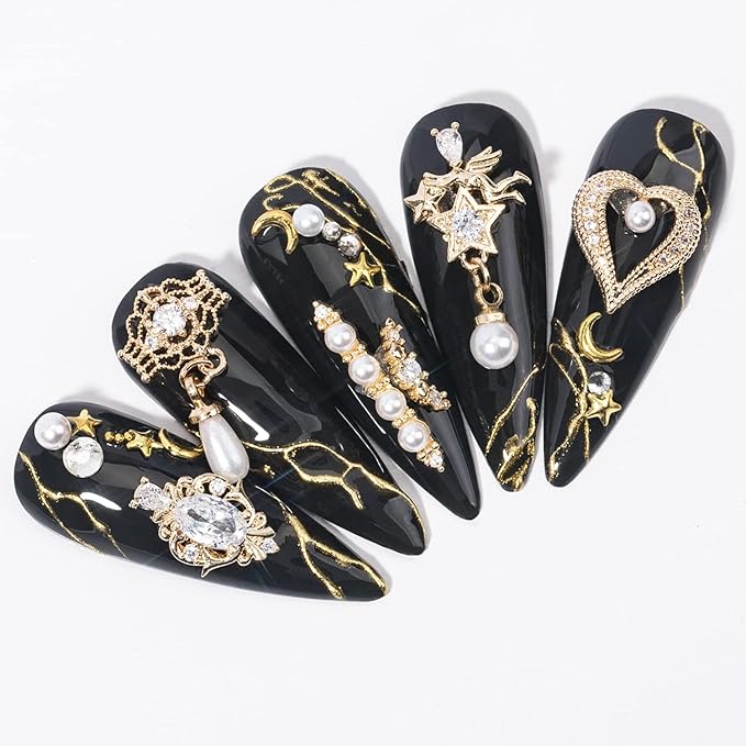 HNUIX Nail Charms and Gems - Gold Copper Zircon, Multiple Shapes 3D Dangle, Metal Jewelry Rhinestones for Nails (20pieces C Set)