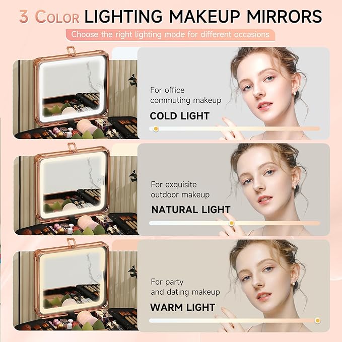 Leeora&Leekoo Makeup Box with LED Mirror & Aluminum Frame, Compact Multi-Layer Cosmetic Organizer - Portable ABS Travel Train Case for Makeup Storage(Gift for Girlfriend/Daughter) (Off white)