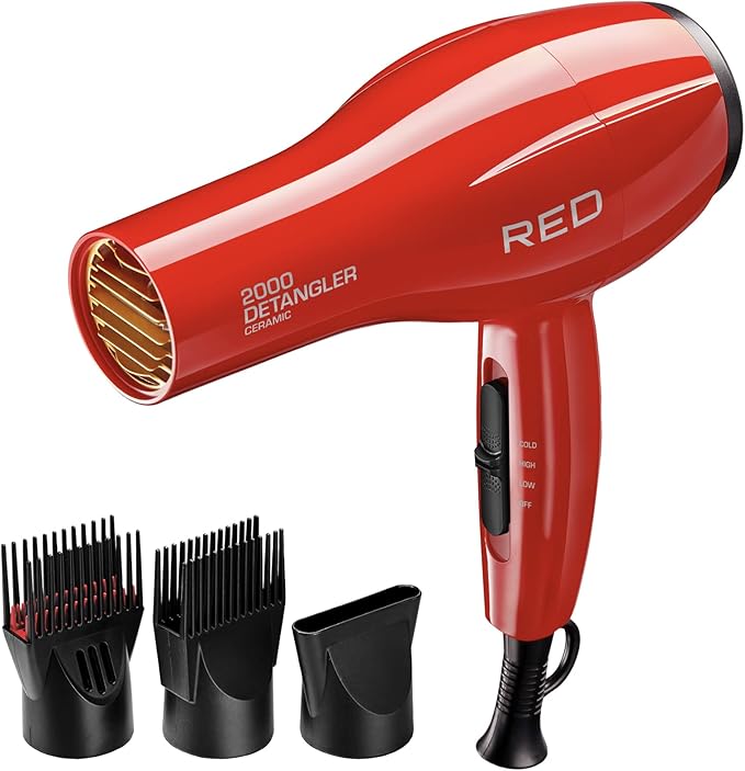 RED by KISS 2000 Ceramic Hair Dryer, Professional Salon Blow Dryer 3 Attachments Included, 2 Detangler Piks, 1 Air Concentrator (Red)