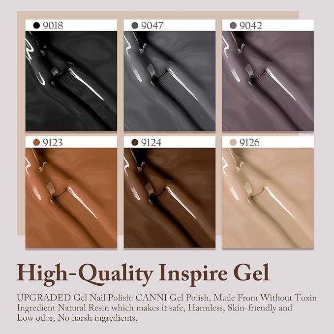 CANNI Brown Grey Gel Nail Polish, 6 Colors 9ML Brown Skin Black Grey Nude Khaki Gel Nail Polish Set, Soak off UV LED Nail Gel DIY Manicure Winter Nail Salon for Women