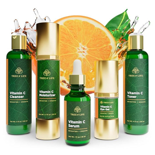 Tree of Life Beauty Vitamin C Brightening Complete (Pack of 5) Serum (1 Oz), Moisturizer Cream (1.7 Oz), Eye Gel (0.5 Oz), Toner (4 oz), Cleanser (4 oz), Renewing Face Dermatologist Tested Skin care