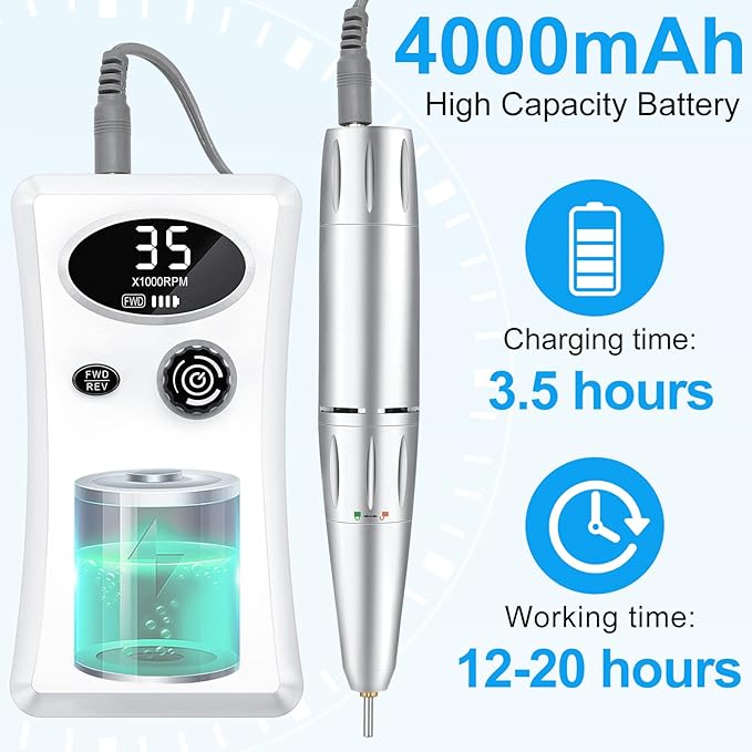35000RPM Professional Nail Drill Machine, Portable Rechargeable File Machine Set for Acrylic Gel Nails, Manicure Pedicure Tools for Home and Salon Use