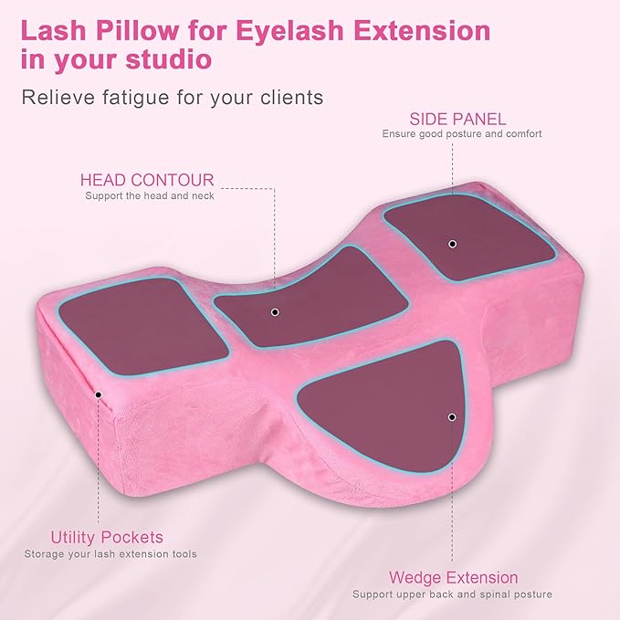 IMENE Lash Pillow for Lash Extensions- Memory Foam Lash Pillow with Neck and Back Support, Ergonomic lash Bed Pillow with Velvet Pillowcase and Lash Organizer Pockets (Pink)