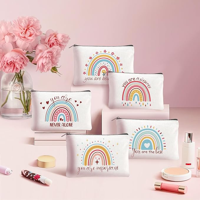 16PCS Rainbow Canvas Cosmetic Bag Bulk Inspirational Quotes Makeup Bags with Zipper Toiletry Bag Encouragement Travel Pouch for Women Girls Teacher Friend Birthday