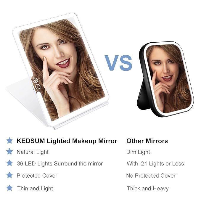 KEDSUM Rechargeable Lighted Makeup Mirror with Cover, LED Travel Mirror with Lights, Compact Vanity Mirror with Touch Screen Dimming, with a Magnification Pocket Spot Mirror