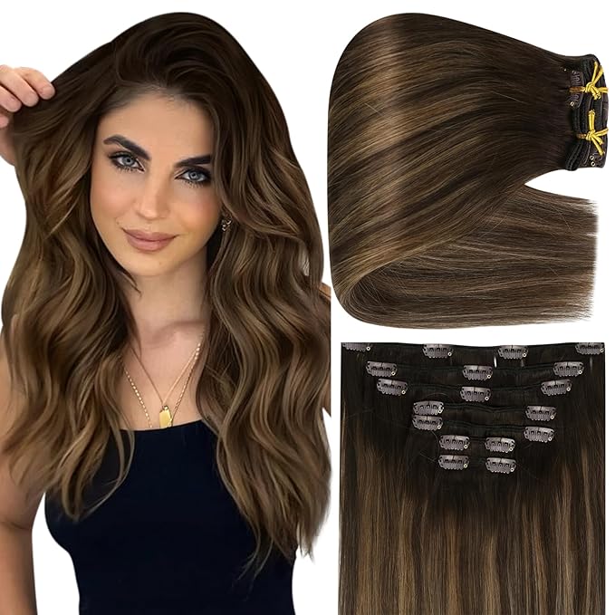 Full Shine Dark Brown Clip in Hair Extensions Balayage Hair Extensions Clip ins 135 G Remy Hair Extensions Dark Brown to Ash Brown Human Hair Clip in Extensions 16 Inch 7 Pcs