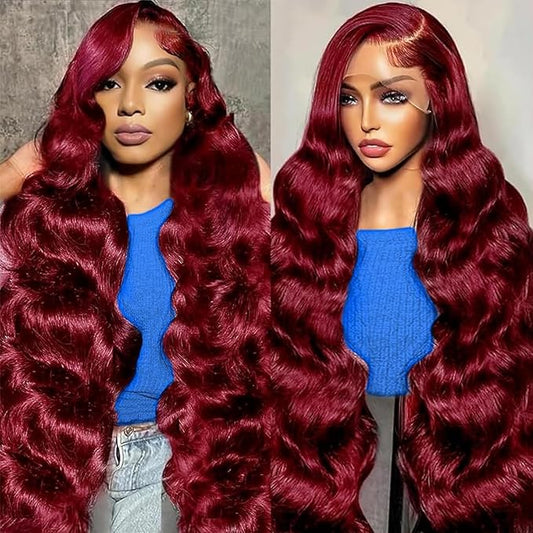 99J Burgundy Lace Front Wigs Human Hair Pre Plucked 13x6 Body Wave HD Transparent Lace Frontal Glueless Wigs Human Hair Red Wigs For Black Women Natural Hairline with Baby Hair 24 Inch