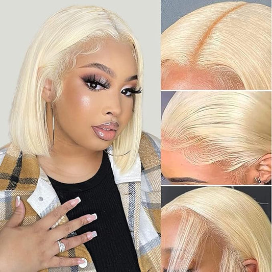 Blonde Bob Wig Human Hair 613 Lace Front Wigs Human Hair 180% Density 13x4 HD Lace Frontal Straight Wigs Human Hair Pre Plucked With Baby Hair Short Bob Wigs for Women 10 Inch