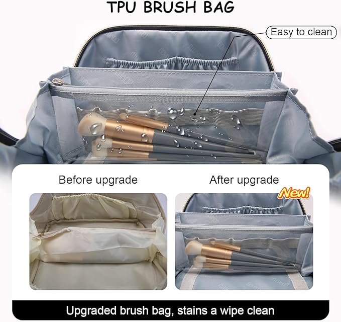 Travel Makeup Bag Organizer Cosmetic Bag: 3 Pcs Set Make up Bags for Women with Handle - Waterproof Vegan Leather Toiletry Bags with Comparments (Black)