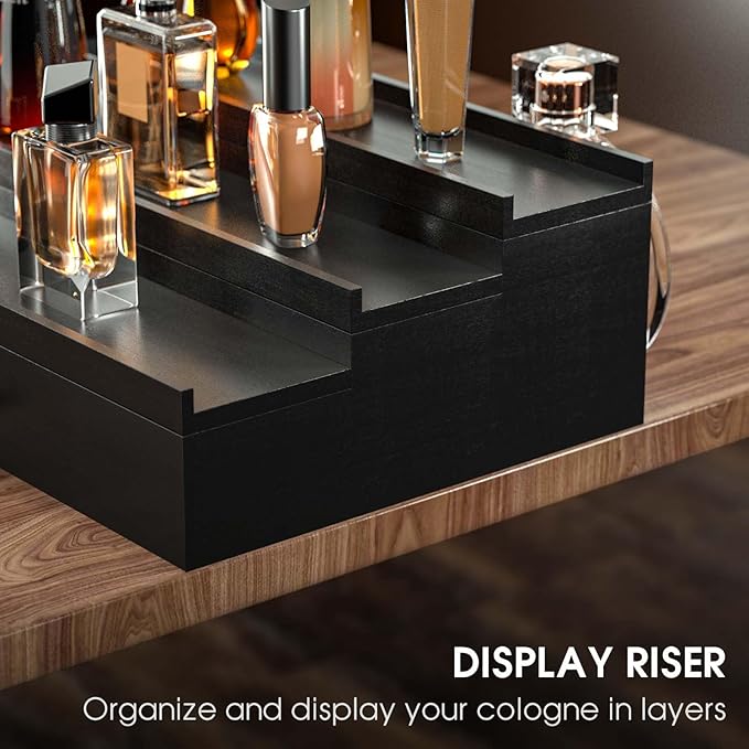 Sephyroth Cologne Organizer for Men 3 Tier of Elevated Cologne Display Shelf with Drawer Storage Perfume Organization and Storage Display Risers,Great Gift for Man(Black)
