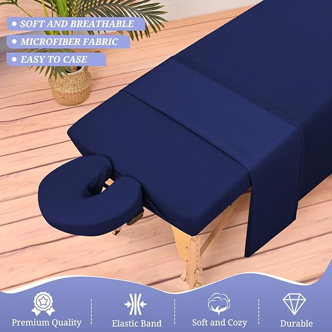 18Pcs 6 Sets Massage Table Sheets Set 3 Piece Set Includes Massage Bed Sheets, Massage Bed Cover Massage Face Rest Cover, Spa Bed Cover Massage Sheets Sets for Beauty Salon and Home Spa (Navy Blue)