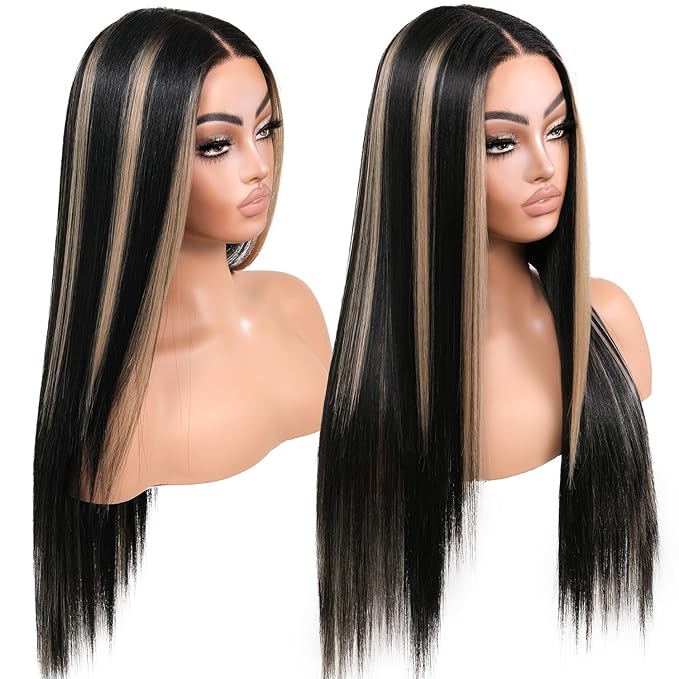 Black Mixed Blonde Lace Front Wig Straight Wigs for Women Synthetic Lace Front Black and Blonde Wigs Long Straight 13X5X1 HD Lace Front Wig Natural Looking Ready to Go Glueless Wig
