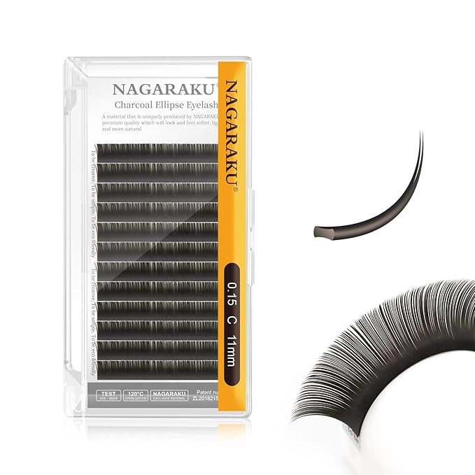 NAGARAKU Double Tips Flat Ellipse Eyelash Extensions Supplies 0.15 C curl 11mm Natural Charcoal Color Faux Mink Super Soft Split Tips Lash Individual Lashes