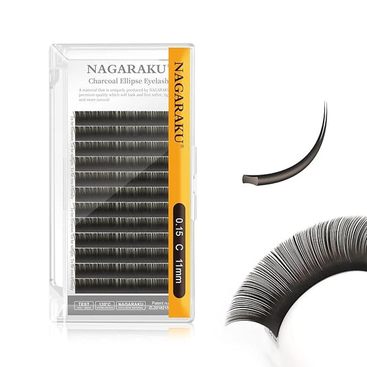 NAGARAKU Double Tips Flat Ellipse Eyelash Extensions Supplies 0.15 C curl 11mm Natural Charcoal Color Faux Mink Super Soft Split Tips Lash Individual Lashes