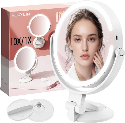 10X/1X Makeup Mirror with Lights and Magnification, 7.1” Wall Mounted Desktop Double-sided Magnifying Mirror with Suction Cup, 360°Swivel Rechargeable Travel Vanity Mirror with 3 Colors & Dimmable