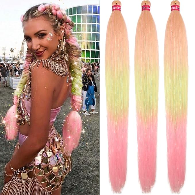 Upgraded Braiding Hair Extension Mix Tinsel, Pre Stretched Braiding Hair for Braiding Twist Braids Itch Free Hot Water Setting Yaki Straight Hair