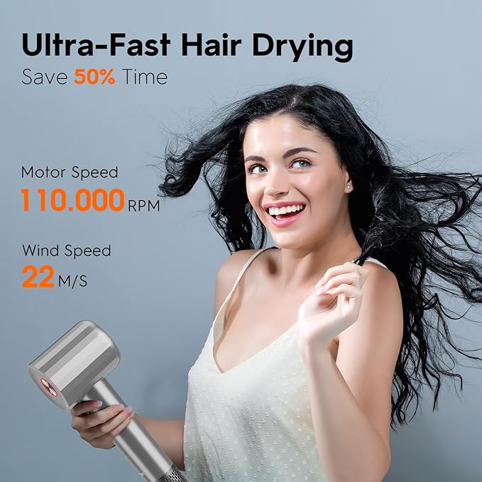 Ionic Hair Dryer, Professional High Speed Blow Dryer with Brushless Motor for Fast Drying, Low Noise, Lightweight, Thermo-Control Bowdryer for Women Home (Grey)
